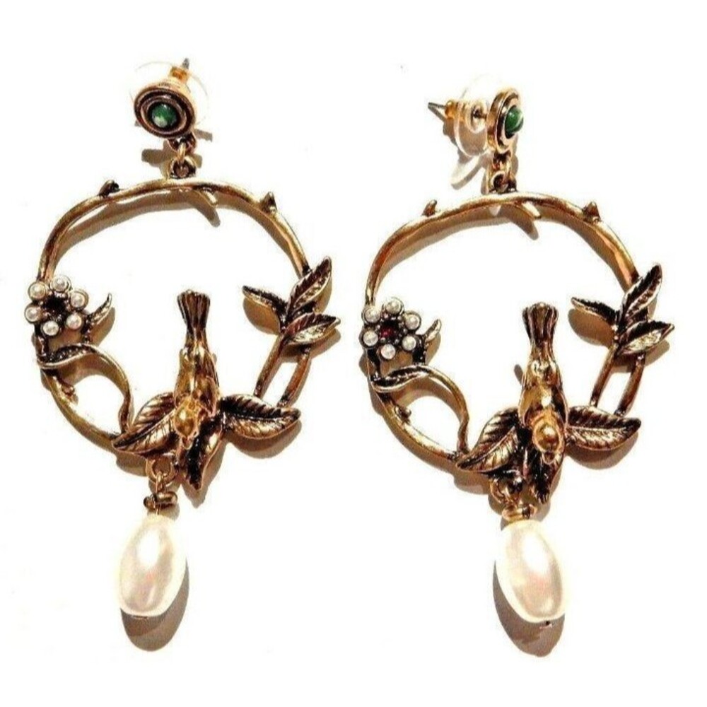 Crystal Gold, Pearl, Bird Earrings